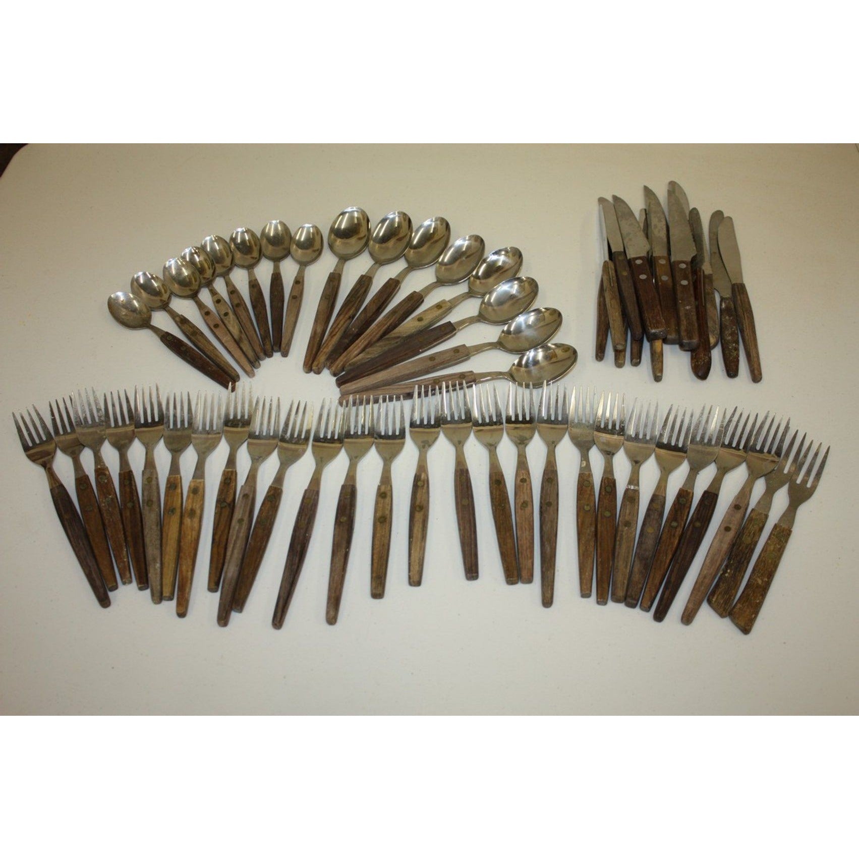 Huge Lot Vintage MCM Stainless Flatware Set Knifes, Forks, Spoons Wooden Handles