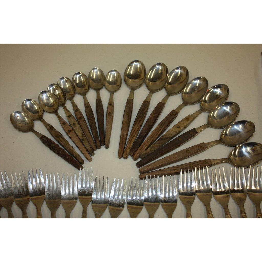Huge Lot Vintage MCM Stainless Flatware Set Knifes, Forks, Spoons Wooden Handles