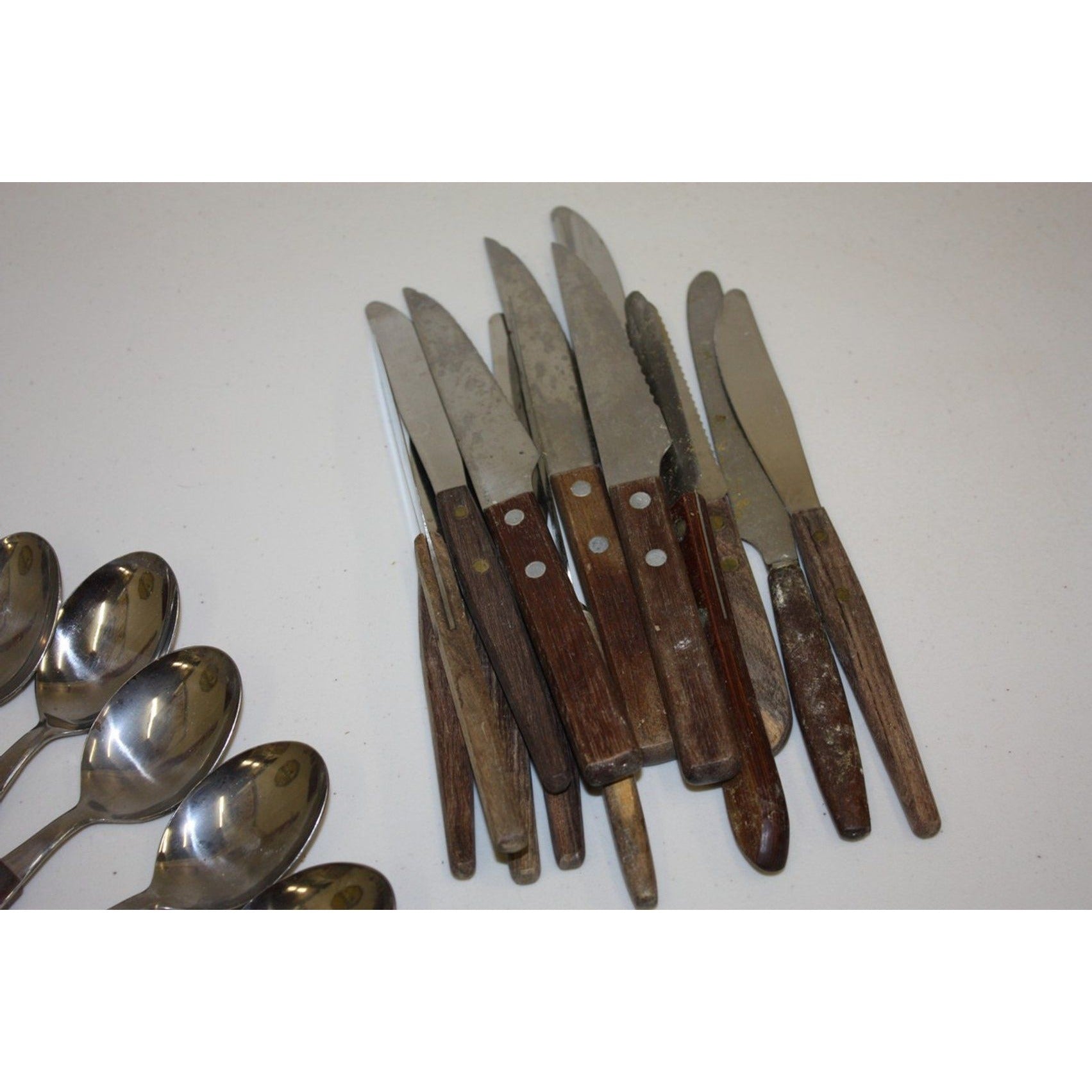 Huge Lot Vintage MCM Stainless Flatware Set Knifes, Forks, Spoons Wooden Handles