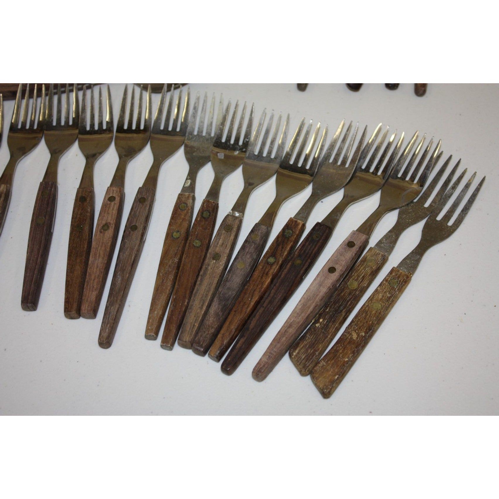 Huge Lot Vintage MCM Stainless Flatware Set Knifes, Forks, Spoons Wooden Handles