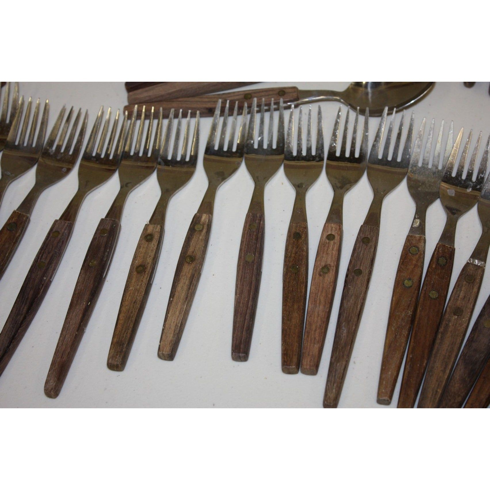 Huge Lot Vintage MCM Stainless Flatware Set Knifes, Forks, Spoons Wooden Handles