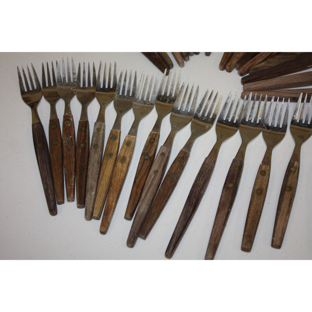 Huge Lot Vintage MCM Stainless Flatware Set Knifes, Forks, Spoons Wooden Handles