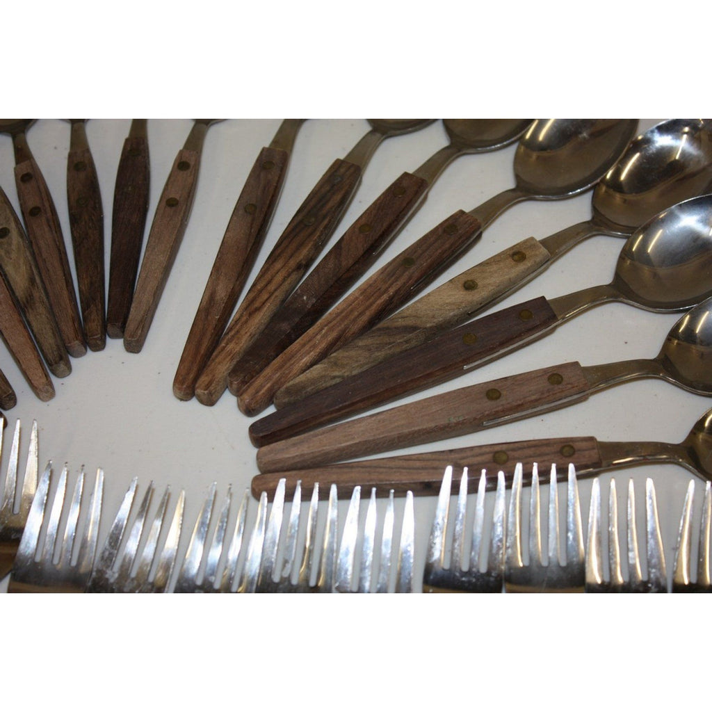 Huge Lot Vintage MCM Stainless Flatware Set Knifes, Forks, Spoons Wooden Handles