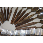 Huge Lot Vintage MCM Stainless Flatware Set Knifes, Forks, Spoons Wooden Handles