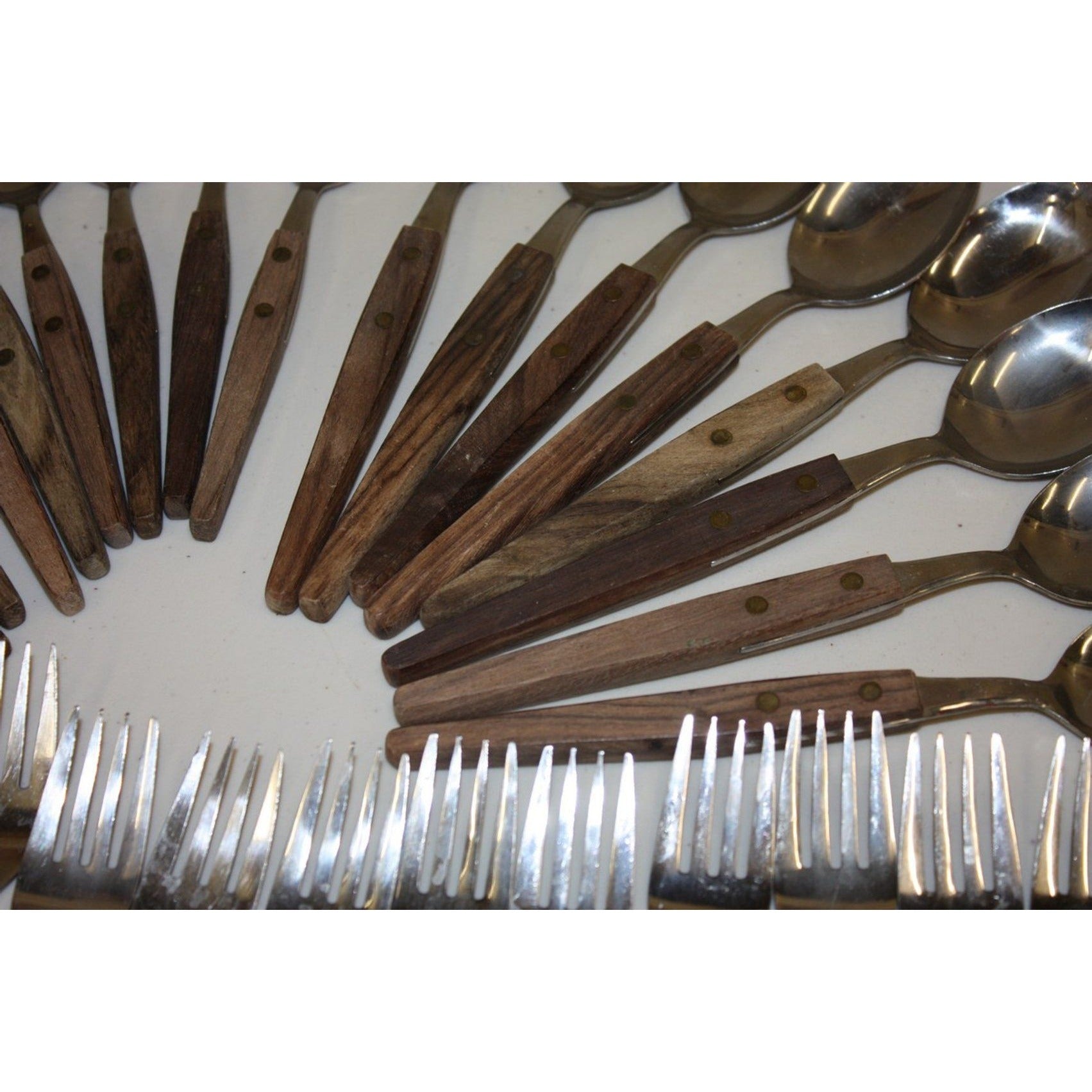 Huge Lot Vintage MCM Stainless Flatware Set Knifes, Forks, Spoons Wooden Handles