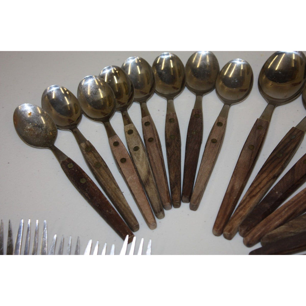 Huge Lot Vintage MCM Stainless Flatware Set Knifes, Forks, Spoons Wooden Handles