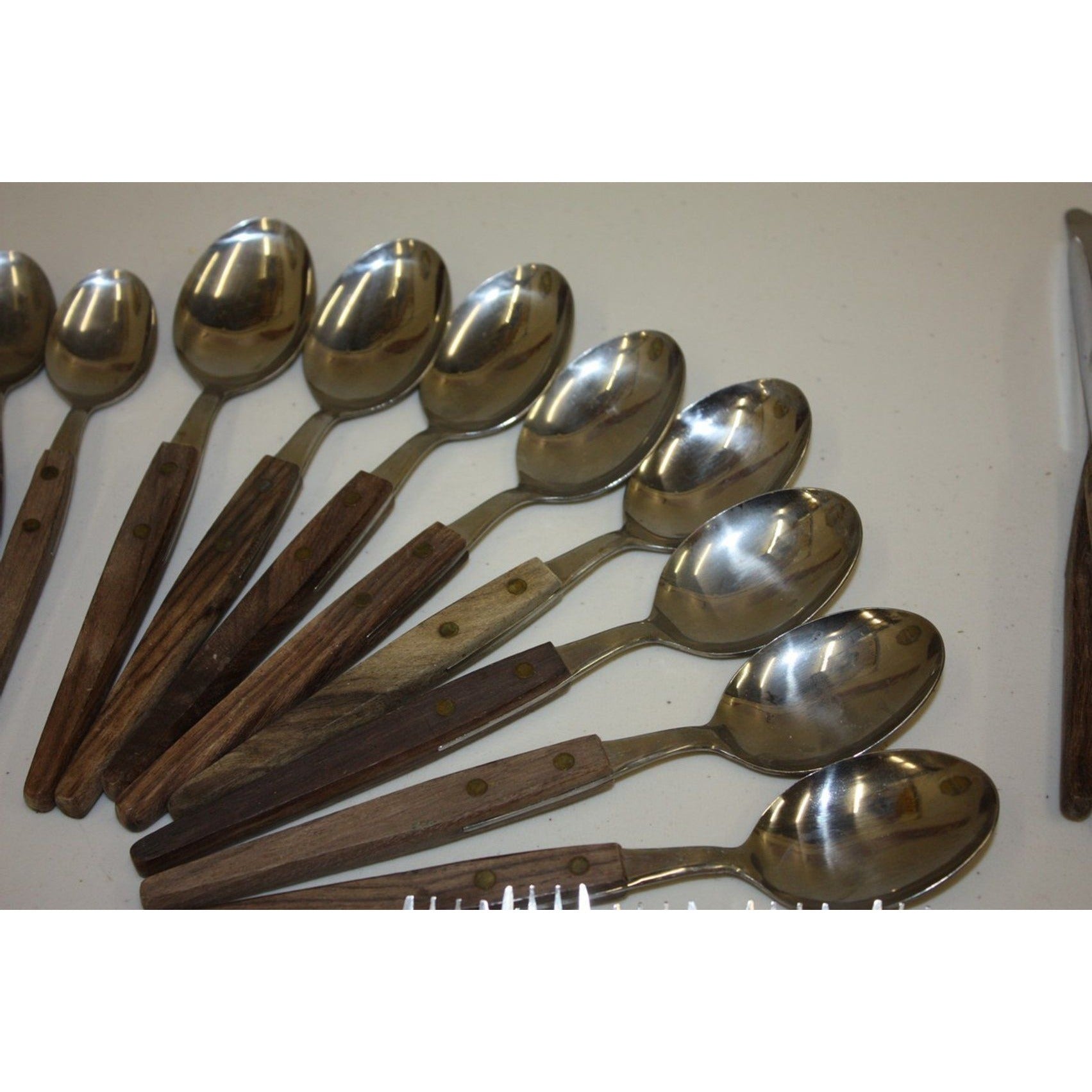 Huge Lot Vintage MCM Stainless Flatware Set Knifes, Forks, Spoons Wooden Handles