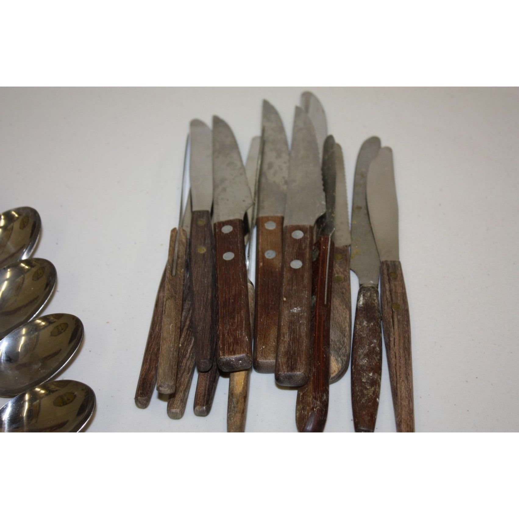 Huge Lot Vintage MCM Stainless Flatware Set Knifes, Forks, Spoons Wooden Handles