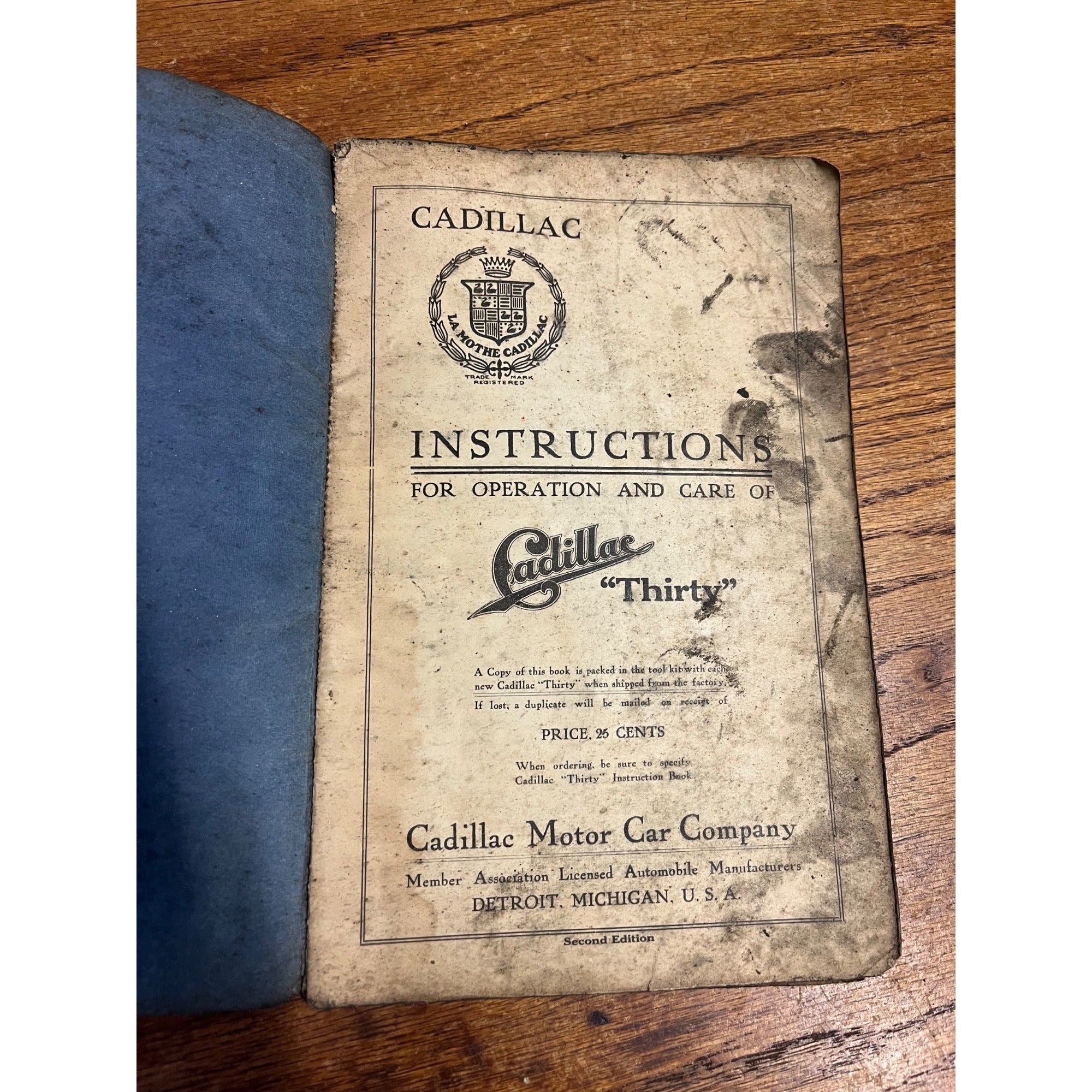 Vintage Cadillac Motor Car Company "Thirty" Instruction Manual Second Edition, Detroit, Michigan 1909-1913 Automotive Collectible
