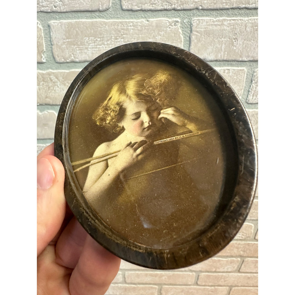 PAIR Vintage Tin Oval Picture Frame Cupid Awake Asleep 1897 Parkinson