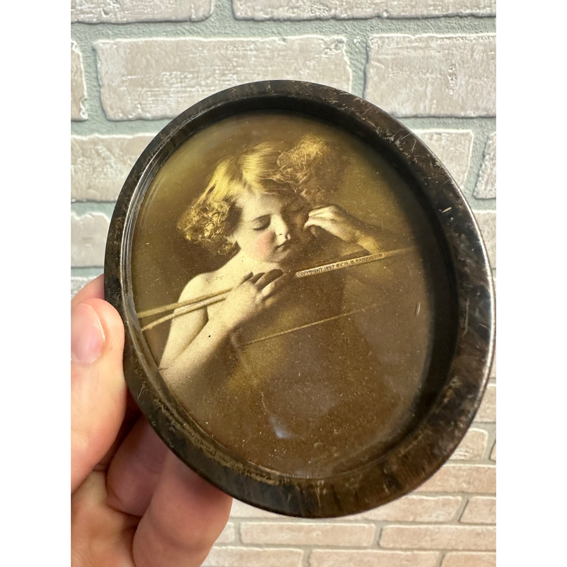 PAIR Vintage Tin Oval Picture Frame Cupid Awake Asleep 1897 Parkinson