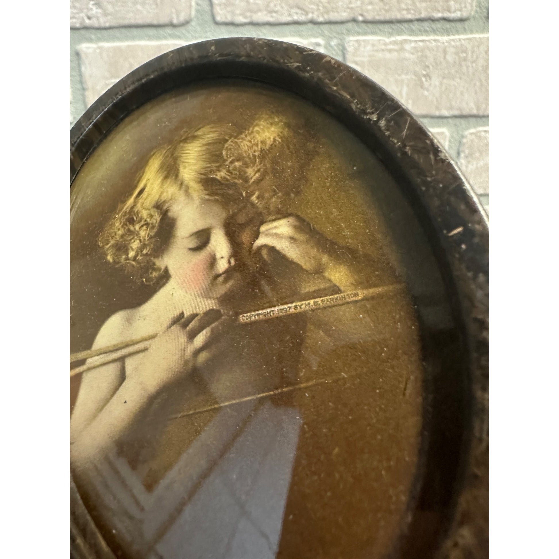 PAIR Vintage Tin Oval Picture Frame Cupid Awake Asleep 1897 Parkinson
