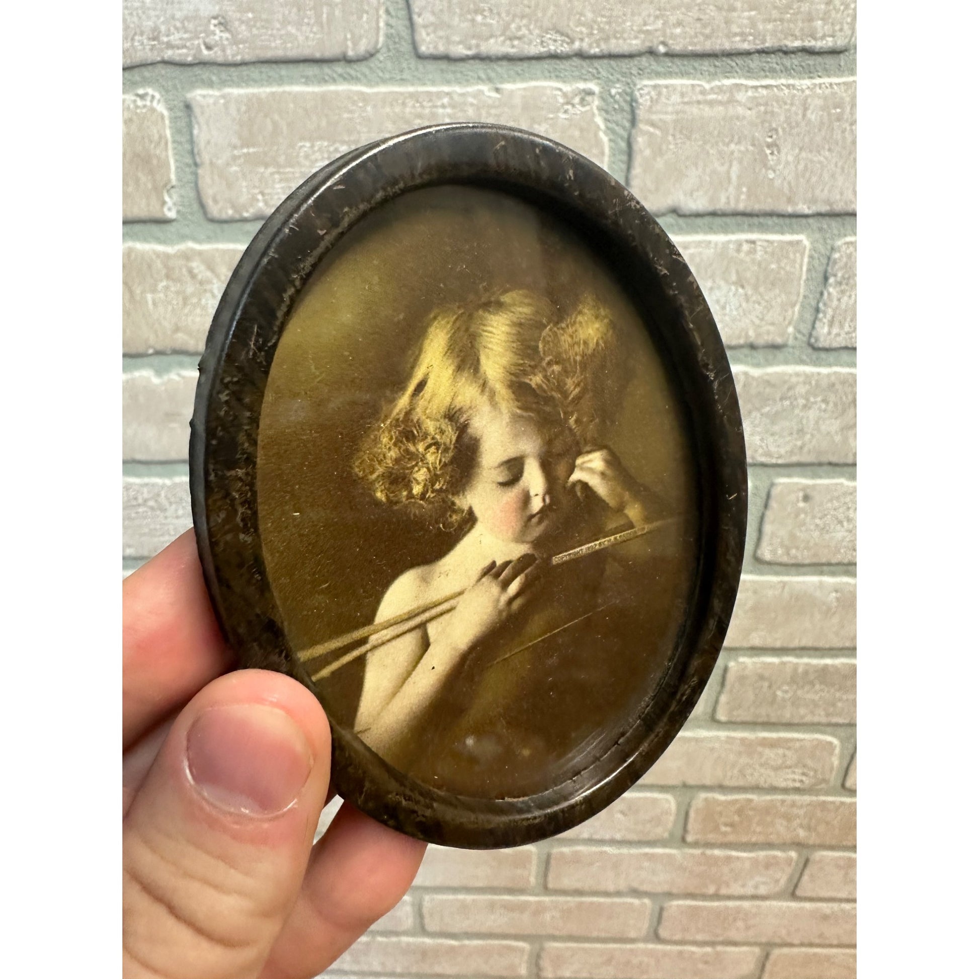 PAIR Vintage Tin Oval Picture Frame Cupid Awake Asleep 1897 Parkinson