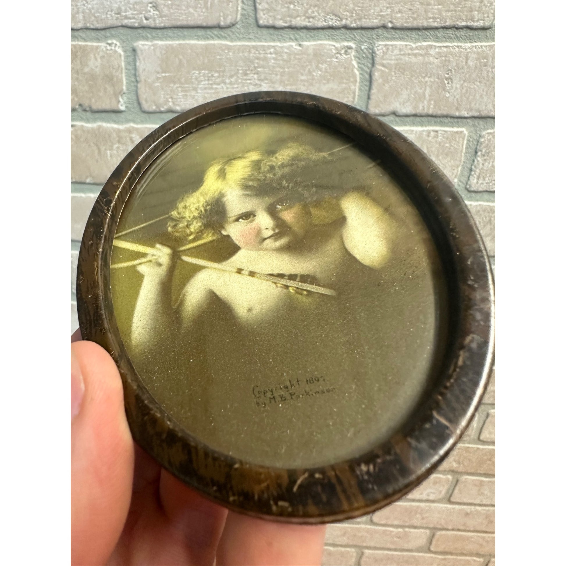 PAIR Vintage Tin Oval Picture Frame Cupid Awake Asleep 1897 Parkinson