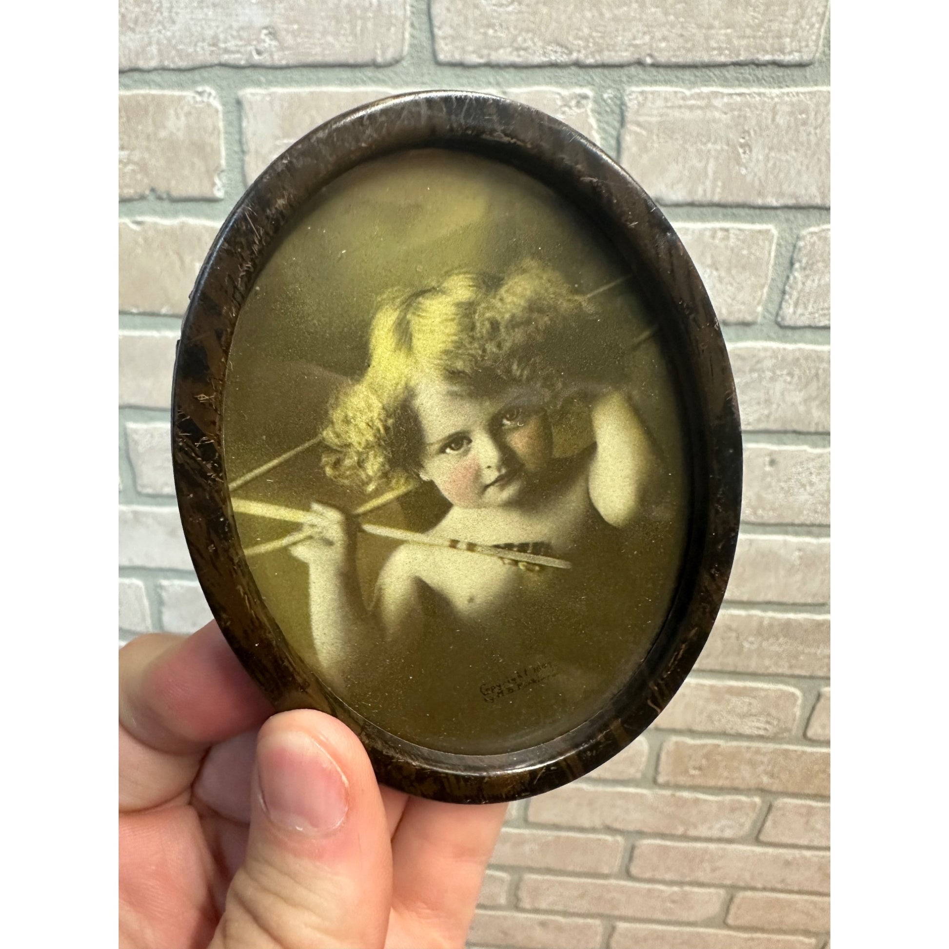 PAIR Vintage Tin Oval Picture Frame Cupid Awake Asleep 1897 Parkinson