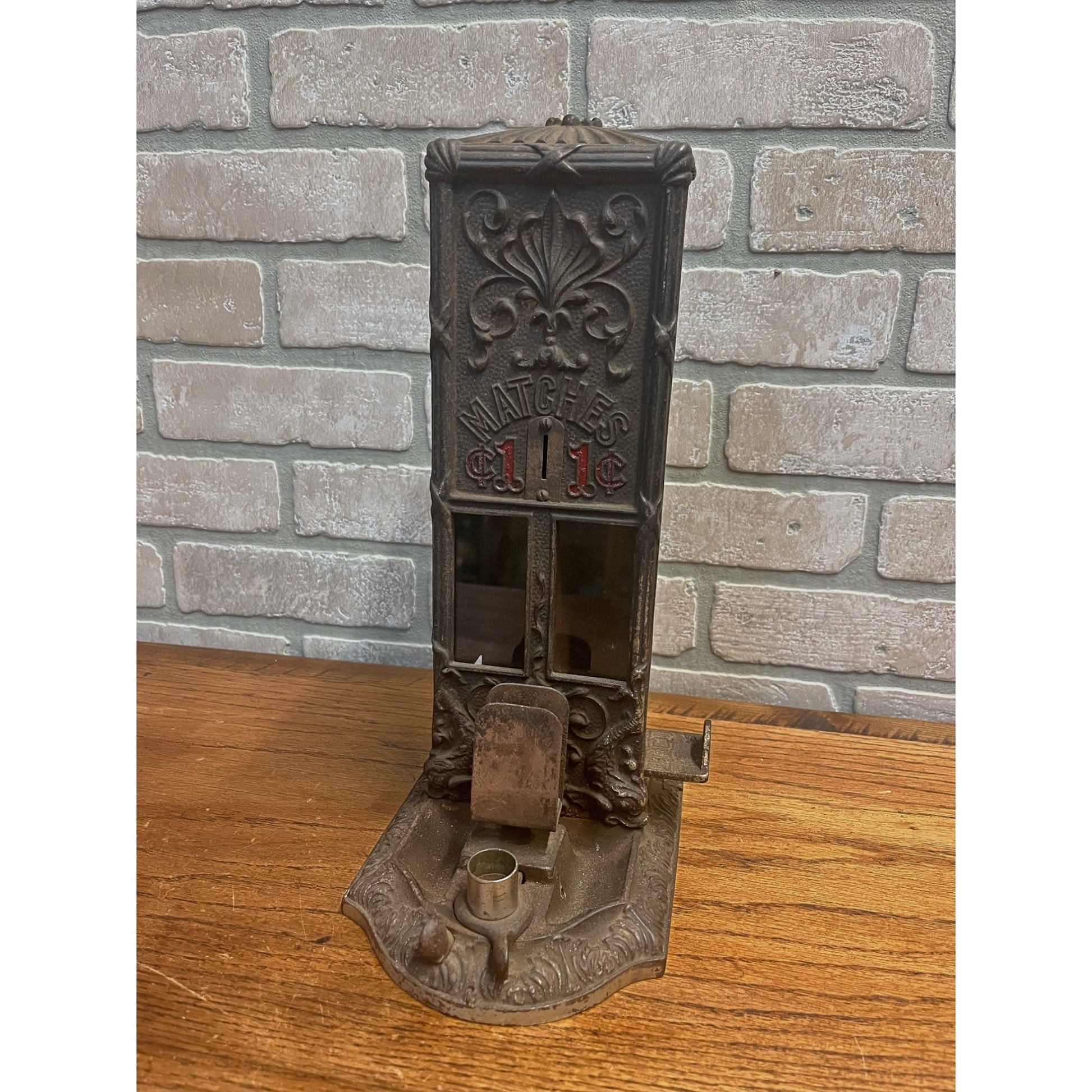Antique Cast Iron Boxed Matches Vending Machine Penny Coin-Op 1¢ w/ Cigar Cutter