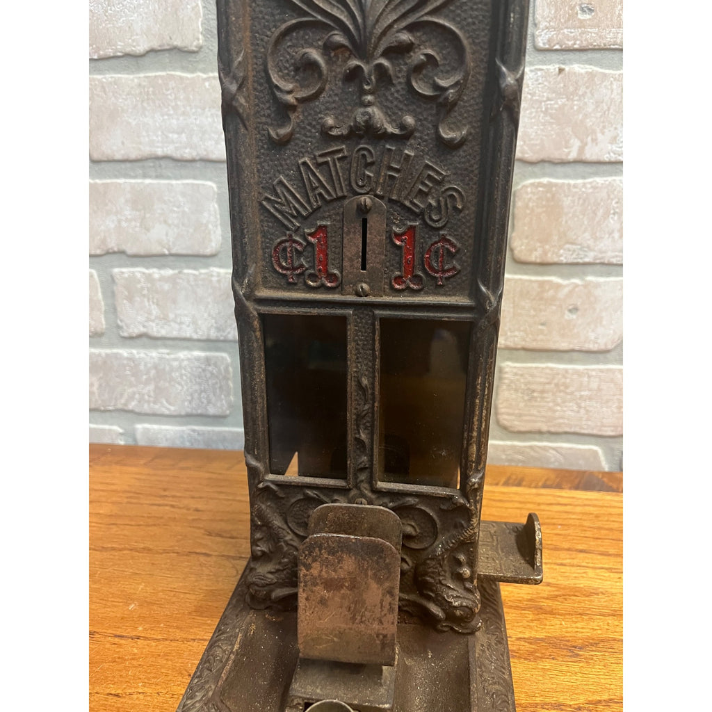 Antique Cast Iron Boxed Matches Vending Machine Penny Coin-Op 1¢ w/ Cigar Cutter