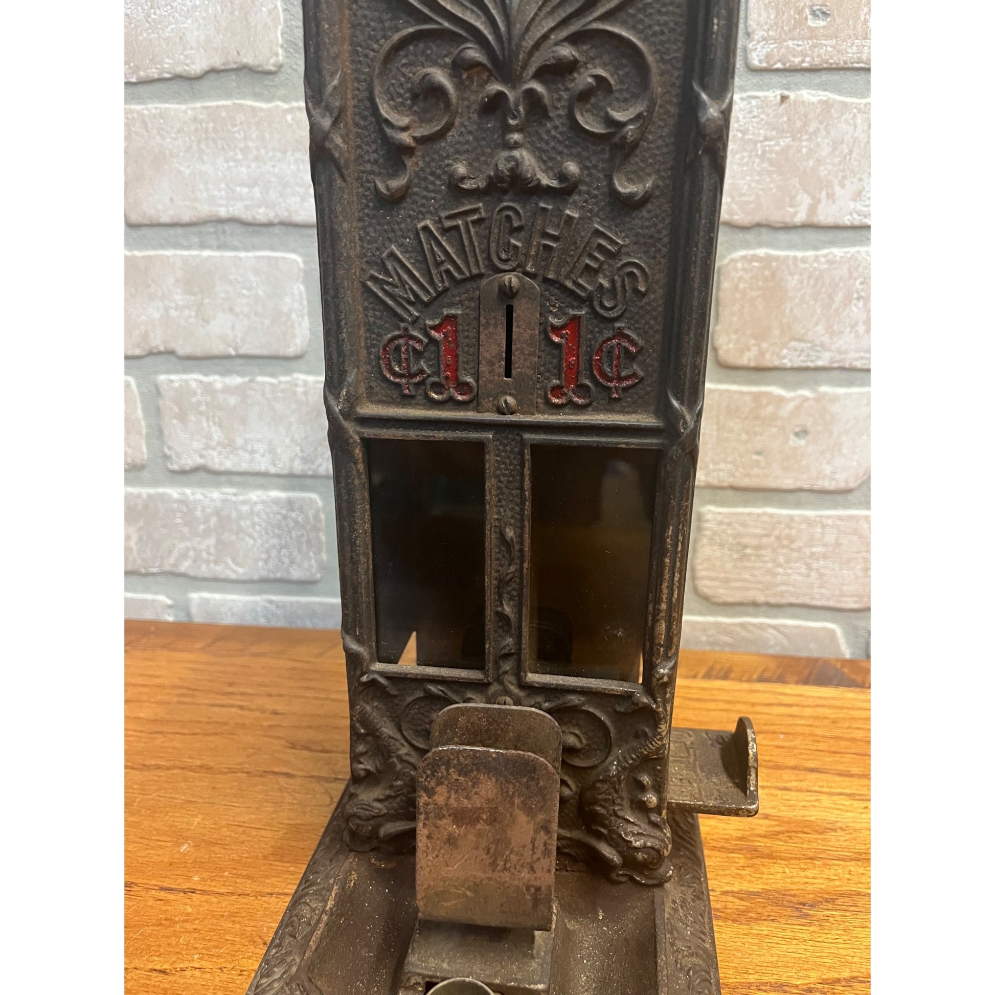 Antique Cast Iron Boxed Matches Vending Machine Penny Coin-Op 1¢ w/ Cigar Cutter