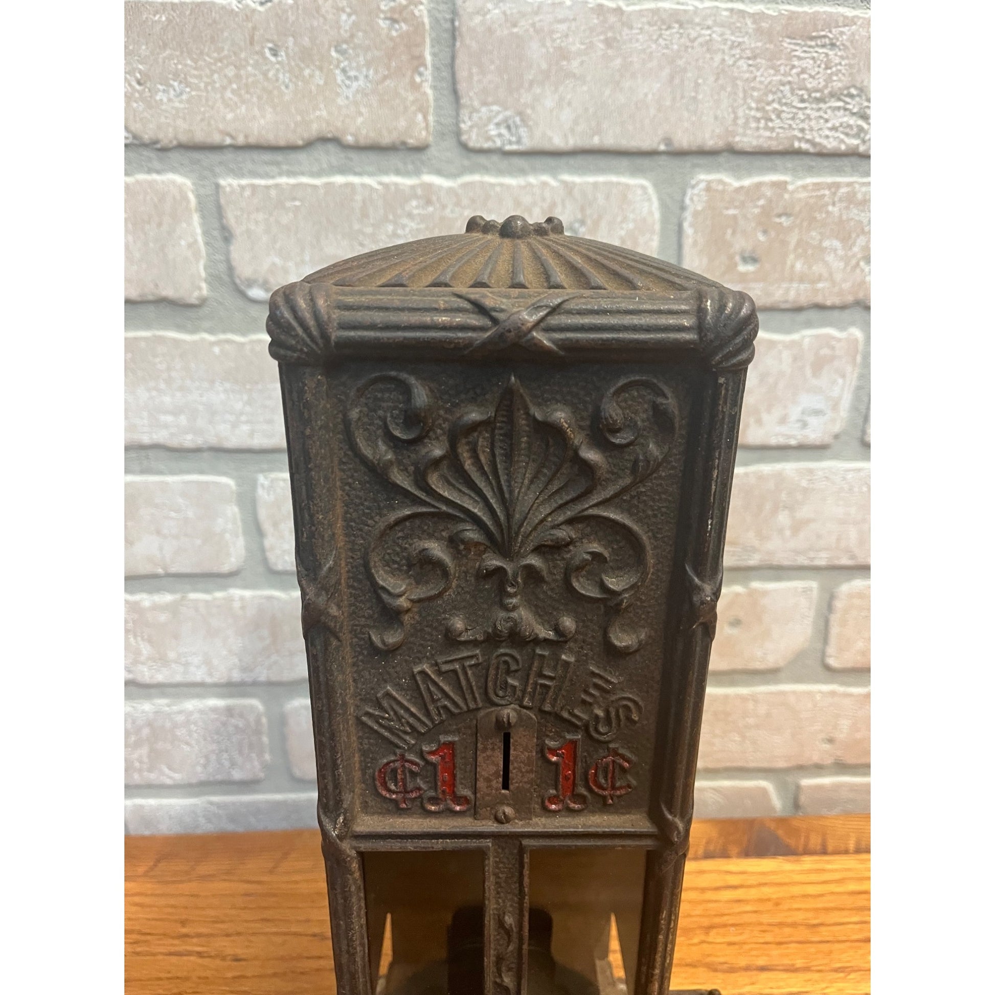 Antique Cast Iron Boxed Matches Vending Machine Penny Coin-Op 1¢ w/ Cigar Cutter