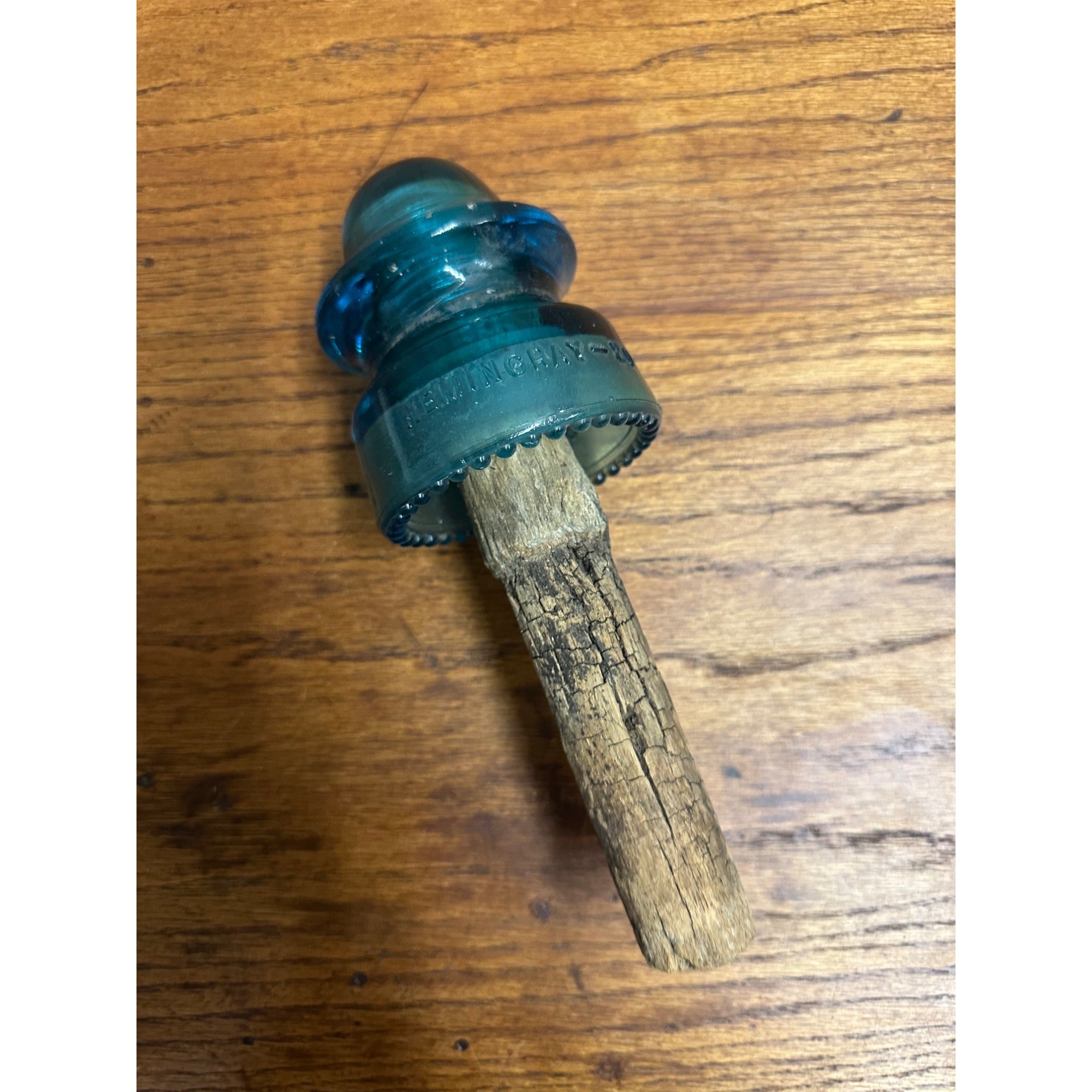 Antique Hemingray #20 Blue Glass Insulator on Wood Peg Post