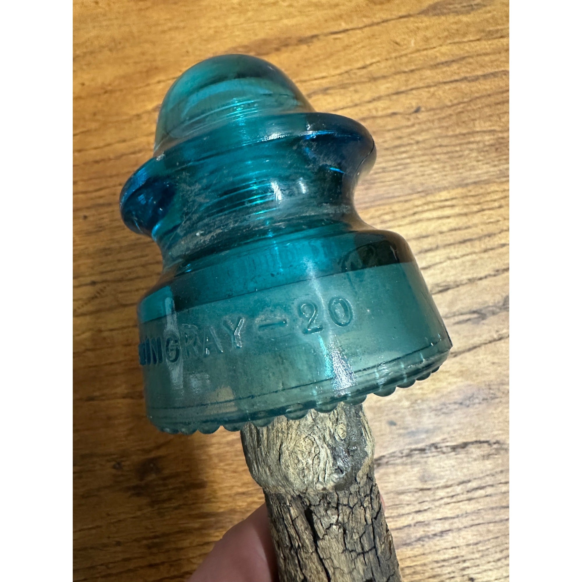 Antique Hemingray #20 Blue Glass Insulator on Wood Peg Post