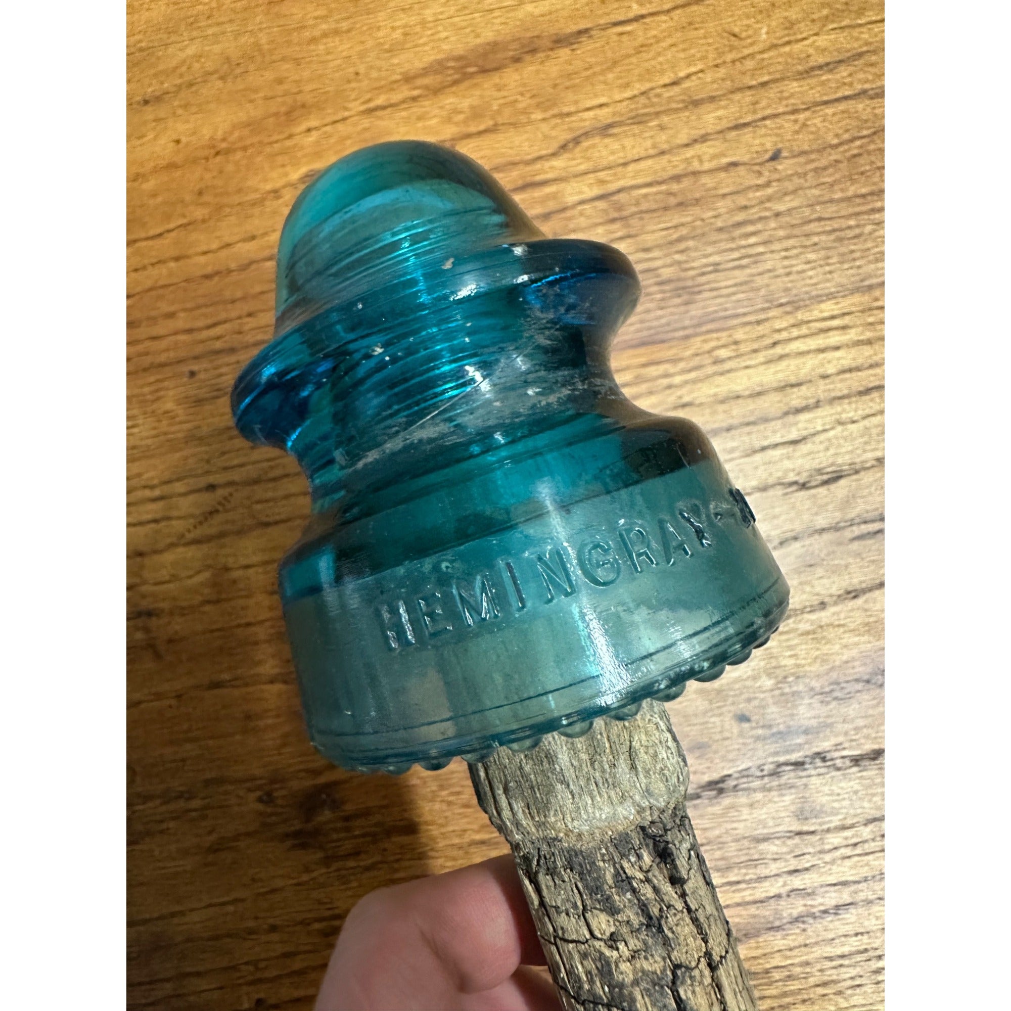 Antique Hemingray #20 Blue Glass Insulator on Wood Peg Post