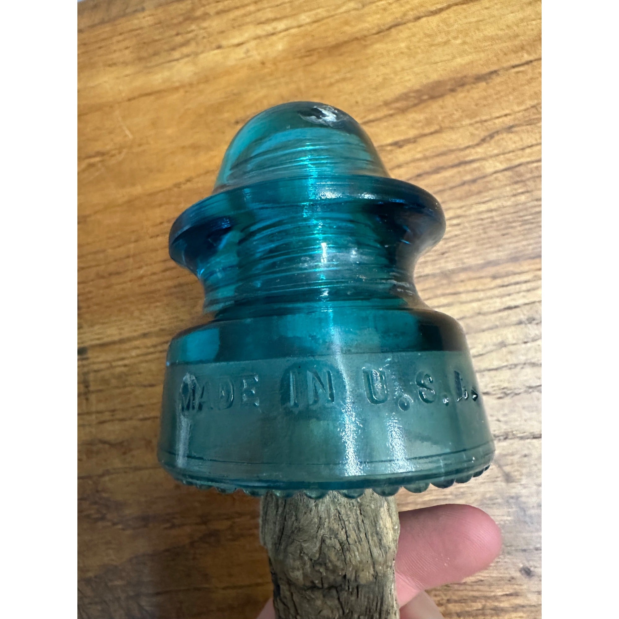 Antique Hemingray #20 Blue Glass Insulator on Wood Peg Post