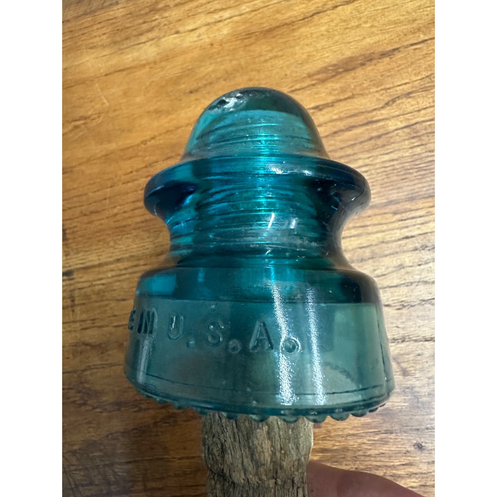 Antique Hemingray #20 Blue Glass Insulator on Wood Peg Post