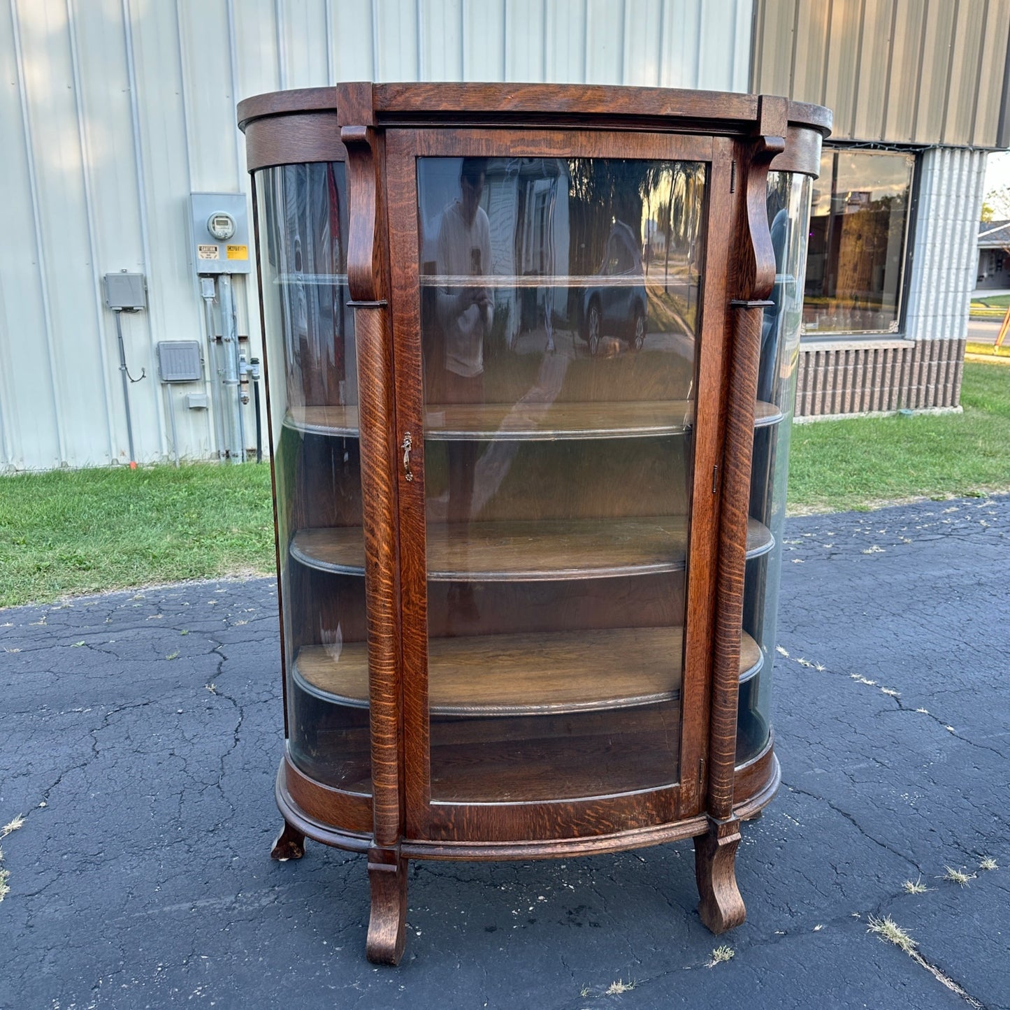 Antique Oak Wooden Curved Glass Bookcase China Cabinet Sheboygan Novelty Co