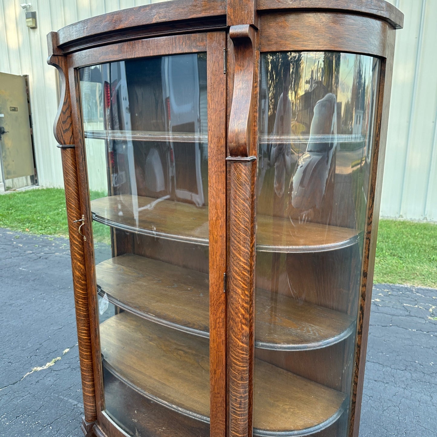 Antique Oak Wooden Curved Glass Bookcase China Cabinet Sheboygan Novelty Co