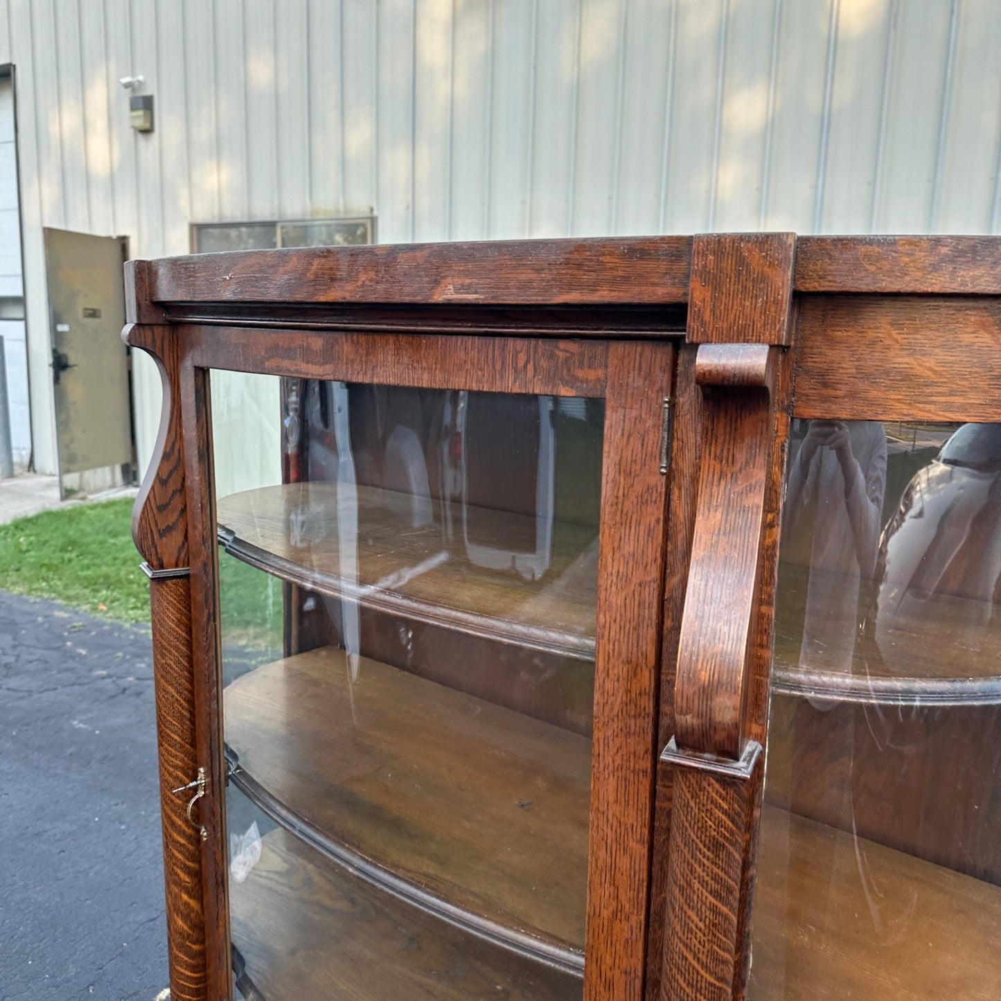 Antique Oak Wooden Curved Glass Bookcase China Cabinet Sheboygan Novelty Co