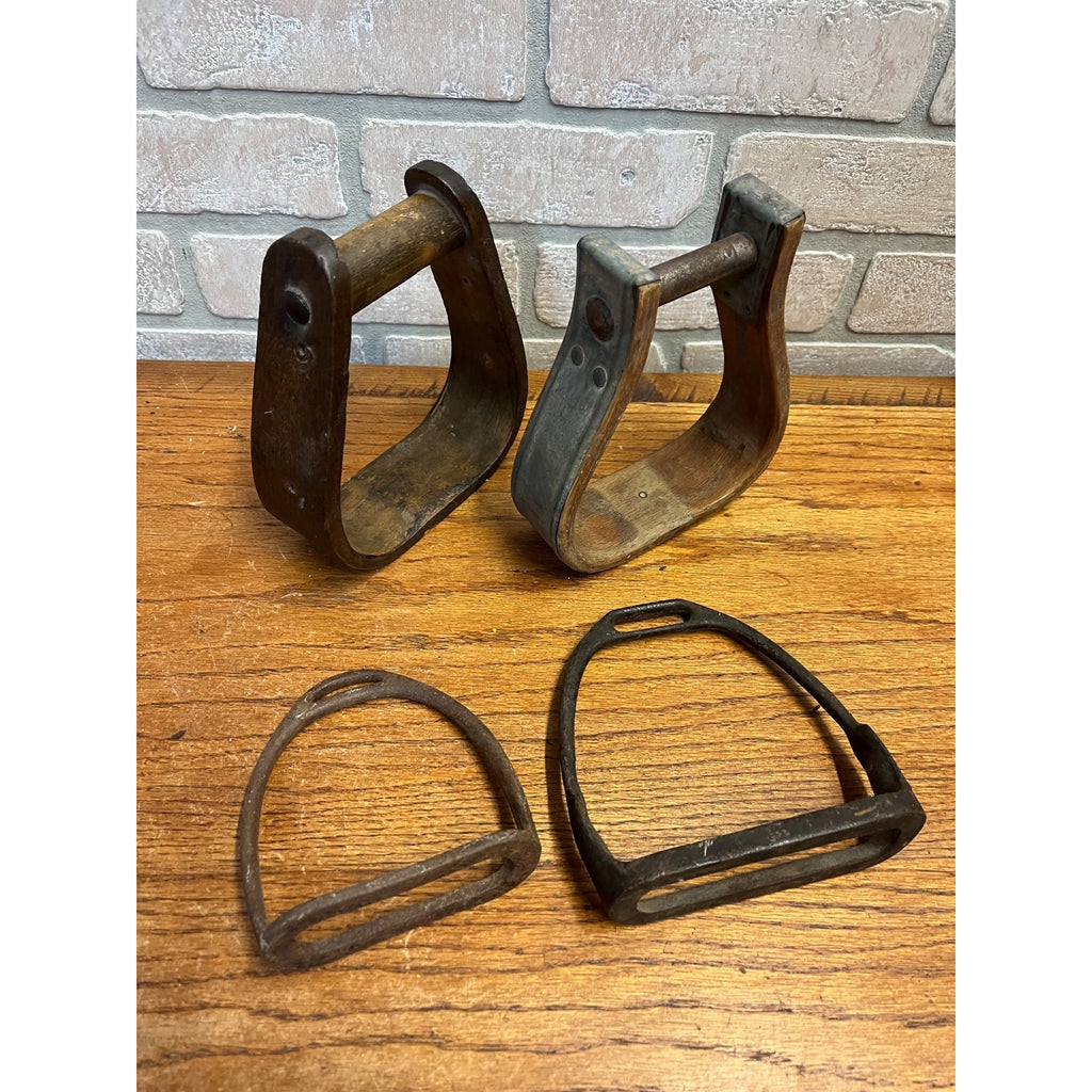 Antique Primitive Horse Wooden & Cast Iron Stirrups Western Equestrian Farmhouse