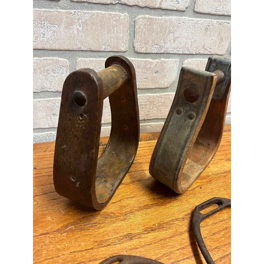 Antique Primitive Horse Wooden & Cast Iron Stirrups Western Equestrian Farmhouse