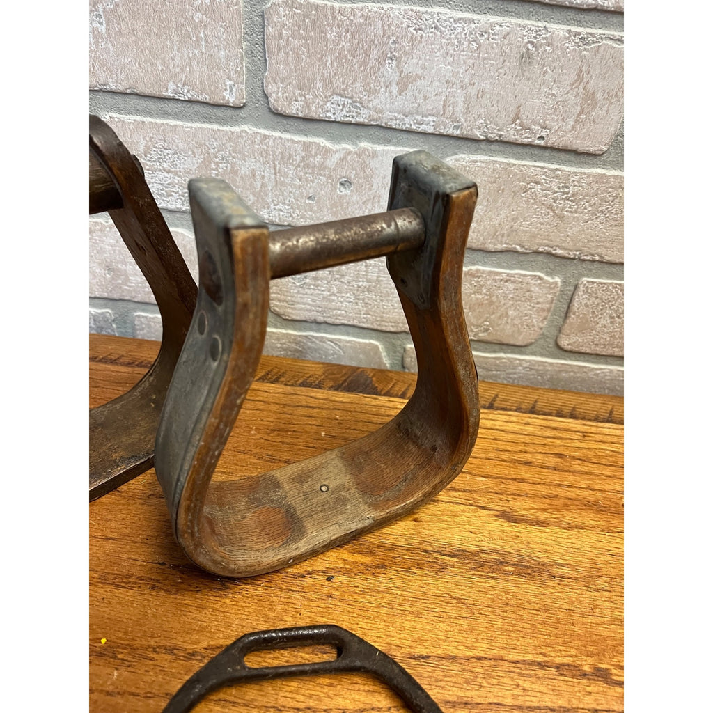 Antique Primitive Horse Wooden & Cast Iron Stirrups Western Equestrian Farmhouse