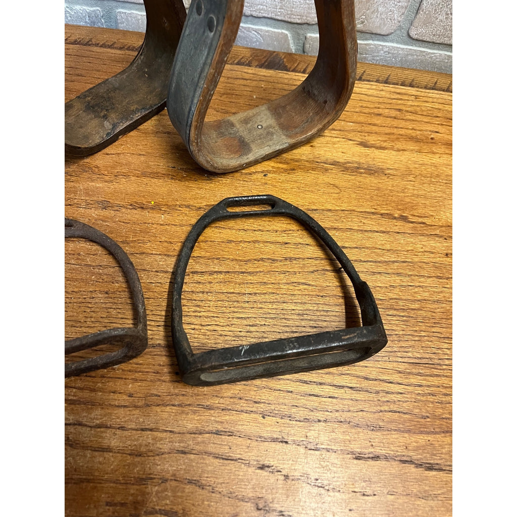 Antique Primitive Horse Wooden & Cast Iron Stirrups Western Equestrian Farmhouse