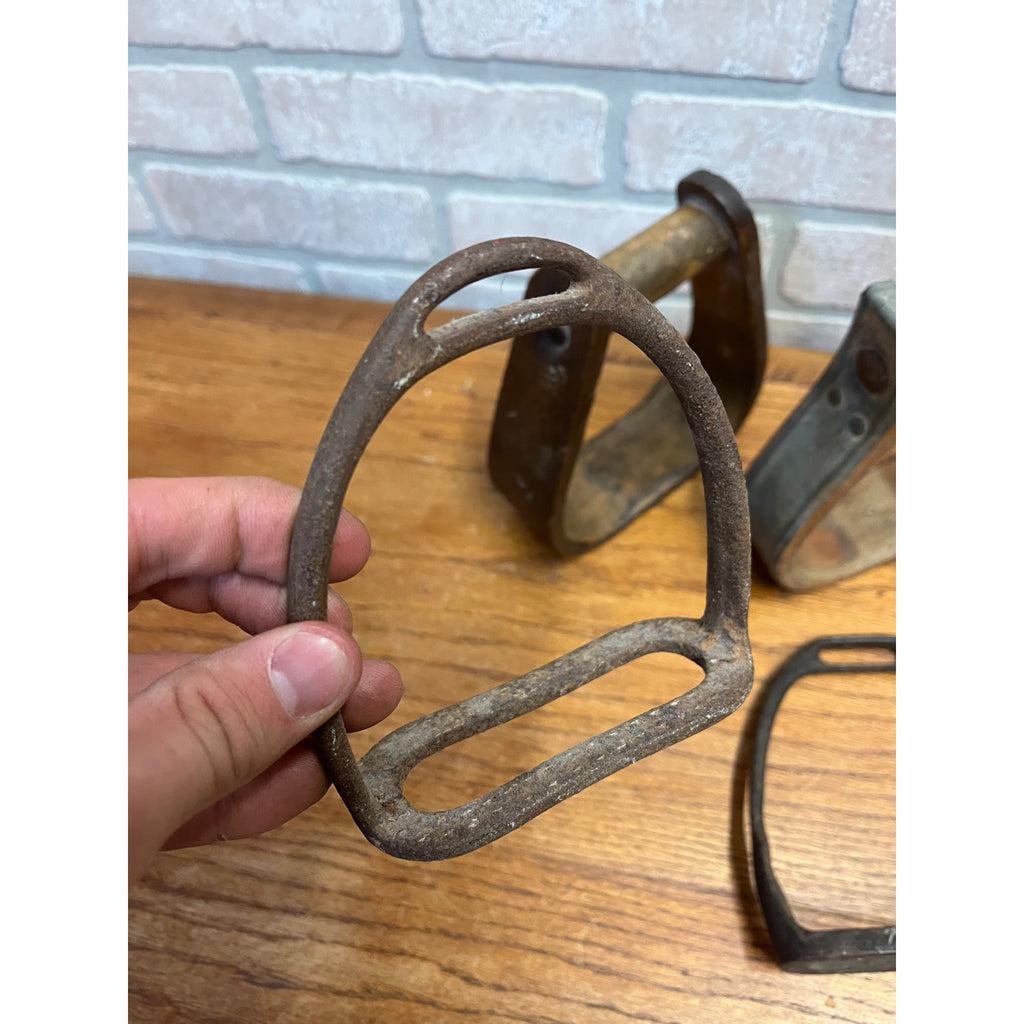 Antique Primitive Horse Wooden & Cast Iron Stirrups Western Equestrian Farmhouse
