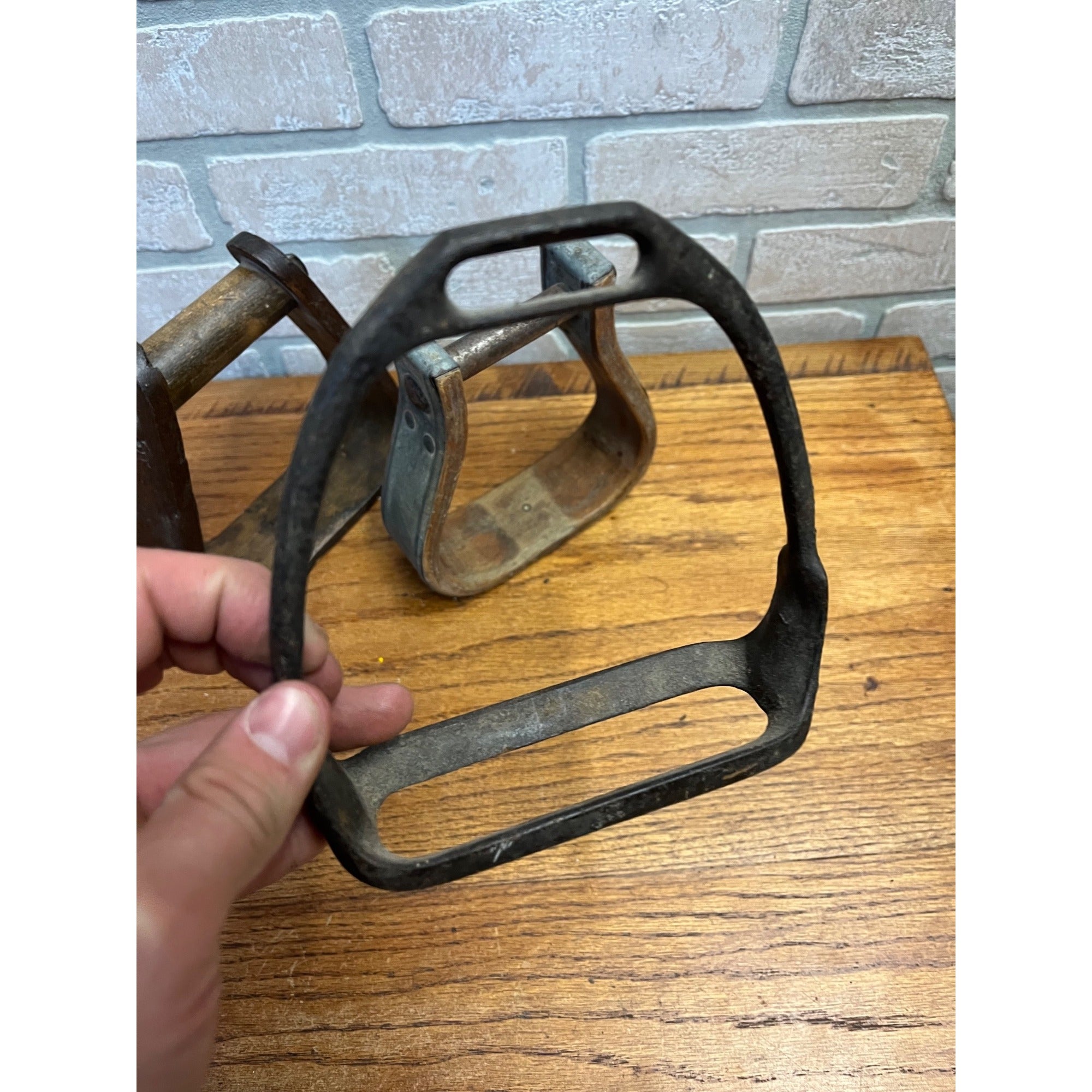 Antique Primitive Horse Wooden & Cast Iron Stirrups Western Equestrian Farmhouse