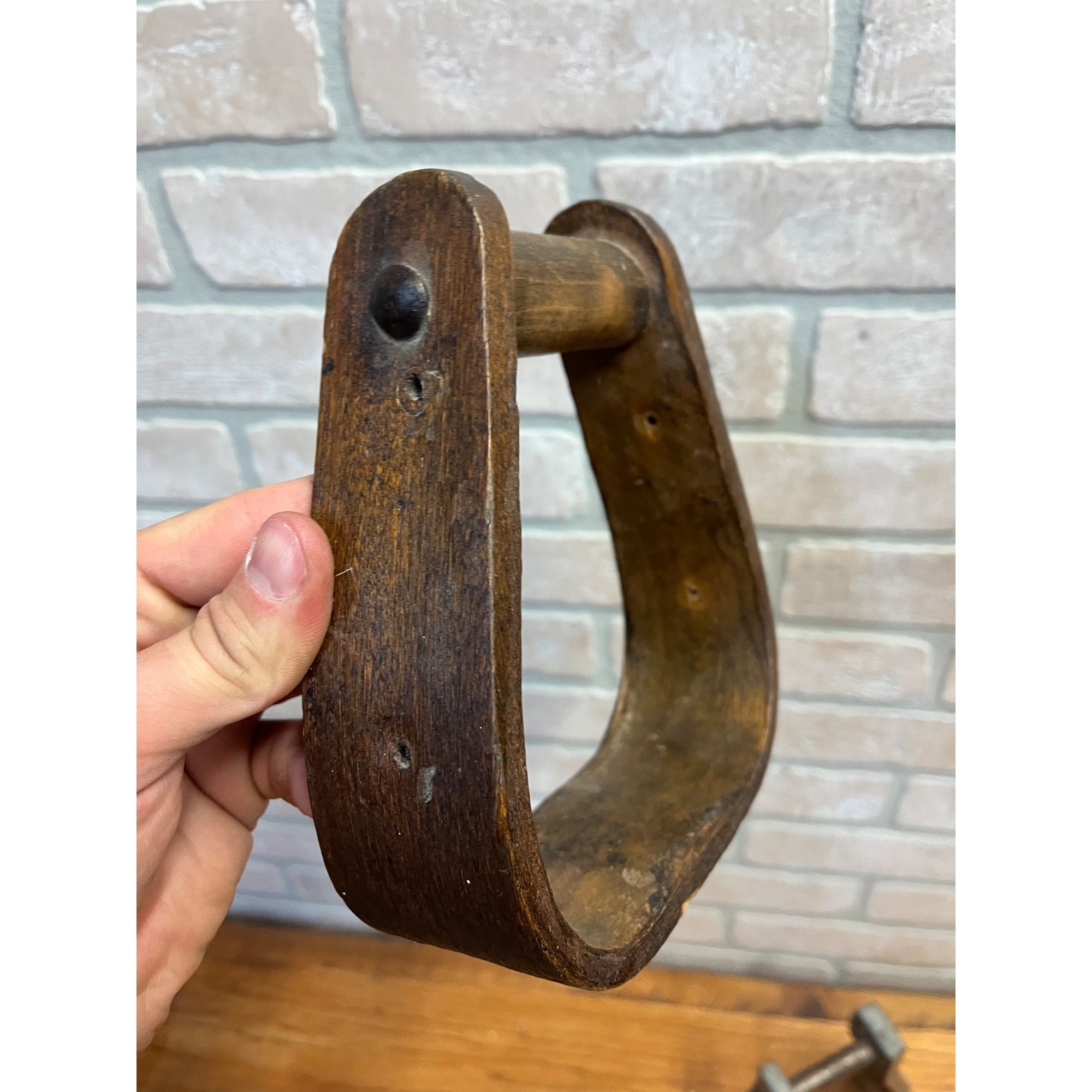 Antique Primitive Horse Wooden & Cast Iron Stirrups Western Equestrian Farmhouse