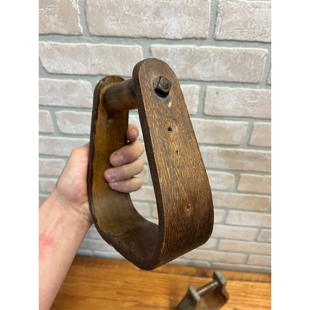 Antique Primitive Horse Wooden & Cast Iron Stirrups Western Equestrian Farmhouse