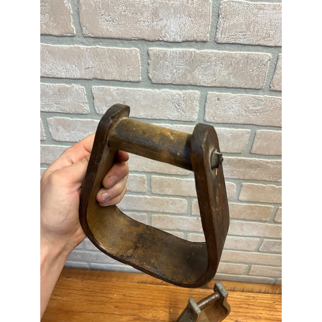 Antique Primitive Horse Wooden & Cast Iron Stirrups Western Equestrian Farmhouse