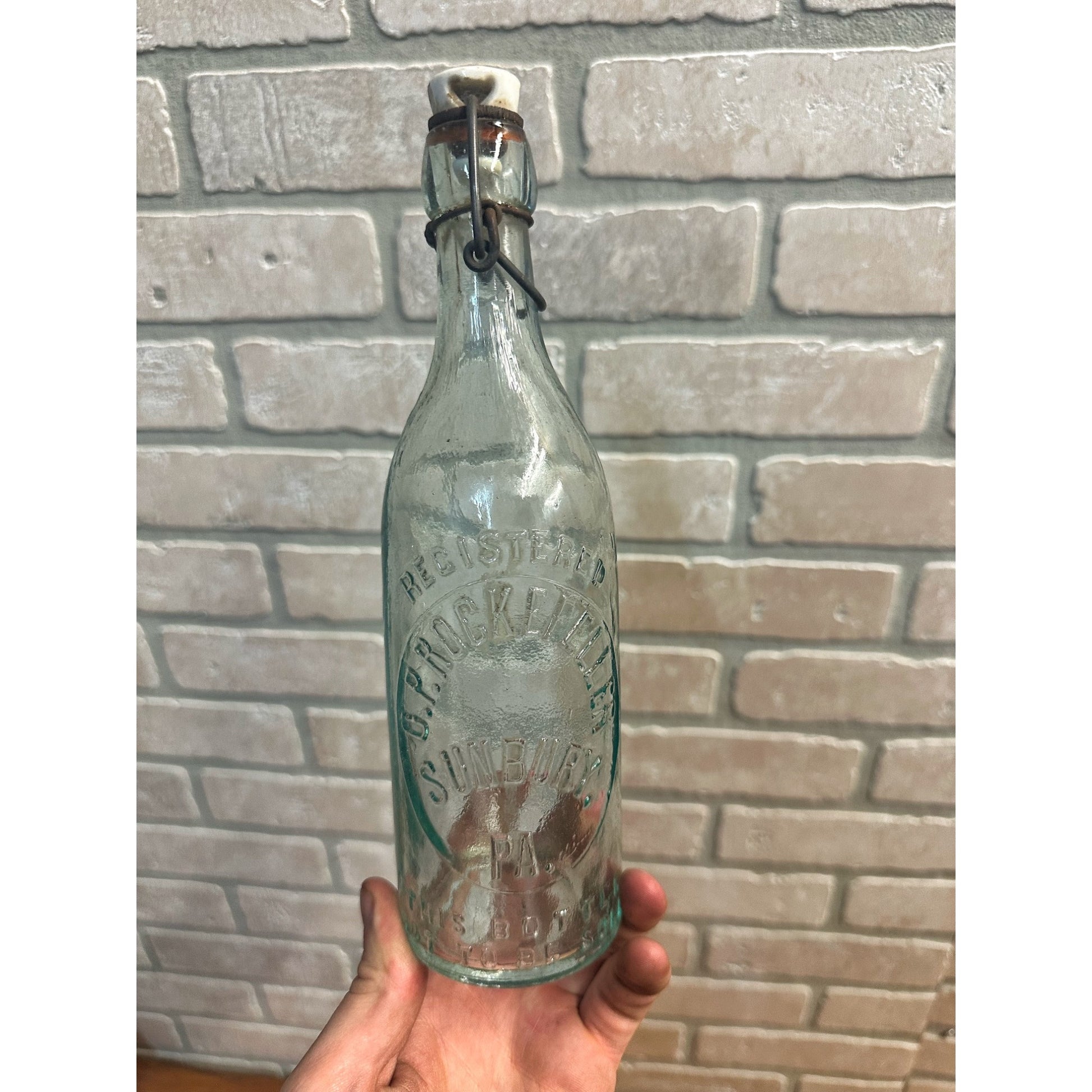 Pre-Pro O.P. Rockefeller Blob Beer Bottle Aqua Blue Embossed Sunbury PA w/ Stopper
