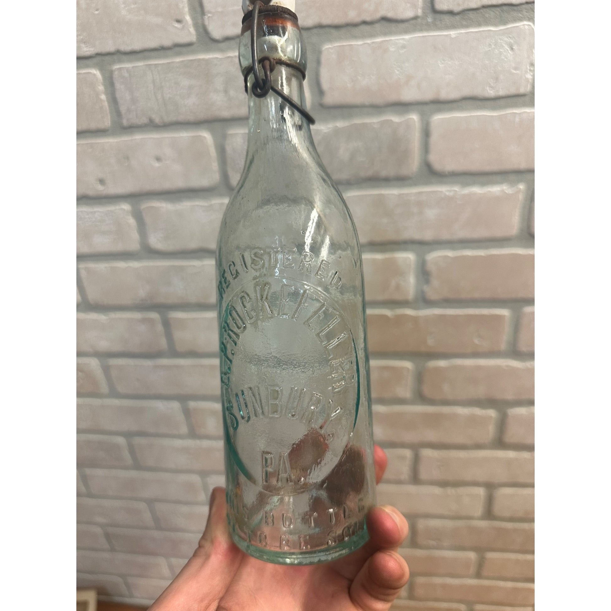 Pre-Pro O.P. Rockefeller Blob Beer Bottle Aqua Blue Embossed Sunbury PA w/ Stopper
