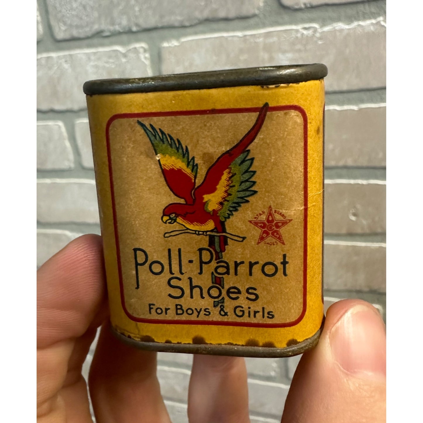 Vintage 1930s Poll Parrot Shoes Litho Advertising Child's Coin Bank Tin