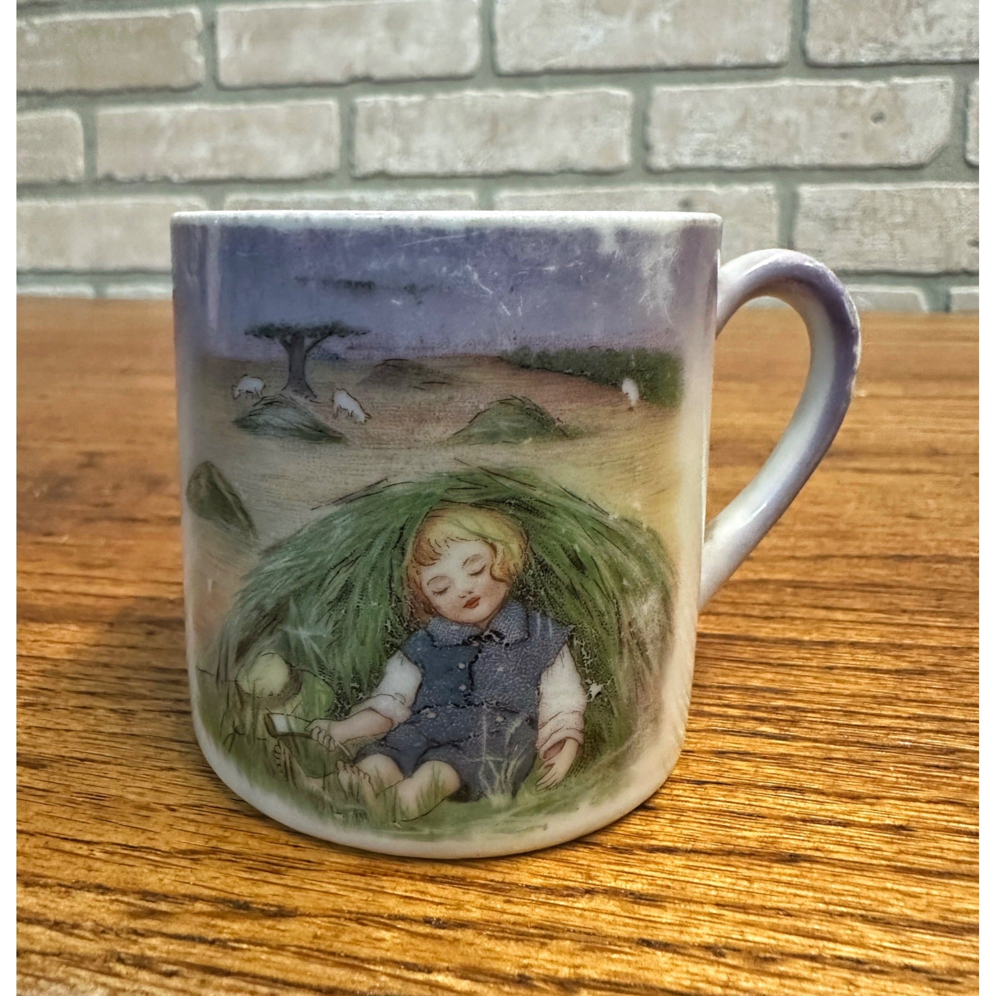 Antique Victorian 1900s Porcelain German Child's Mug Tea Cup Girl in Hayfield