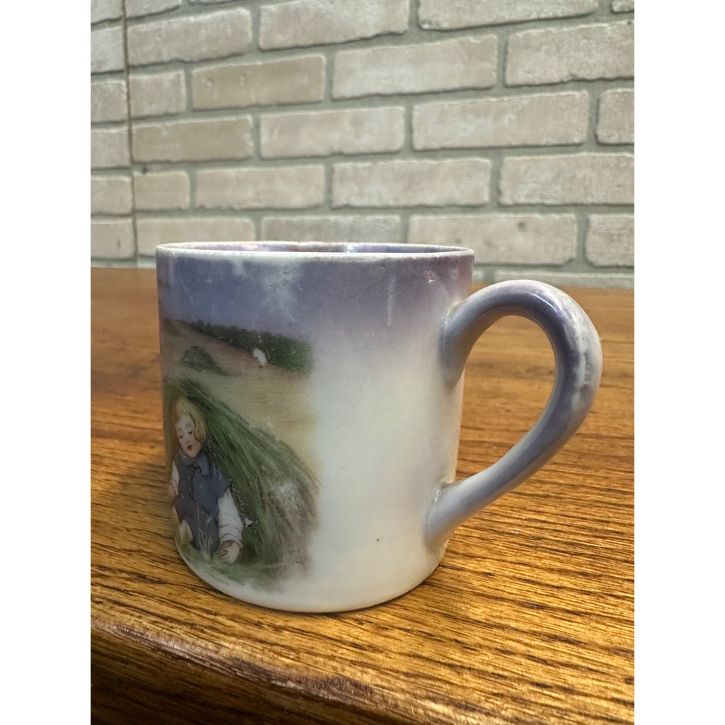 Antique Victorian 1900s Porcelain German Child's Mug Tea Cup Girl in Hayfield
