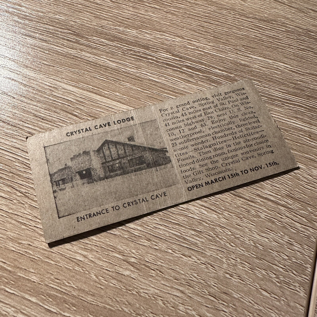 Vintage Crystal Cave Spring Valley Wisconsin Advertising Matchbook