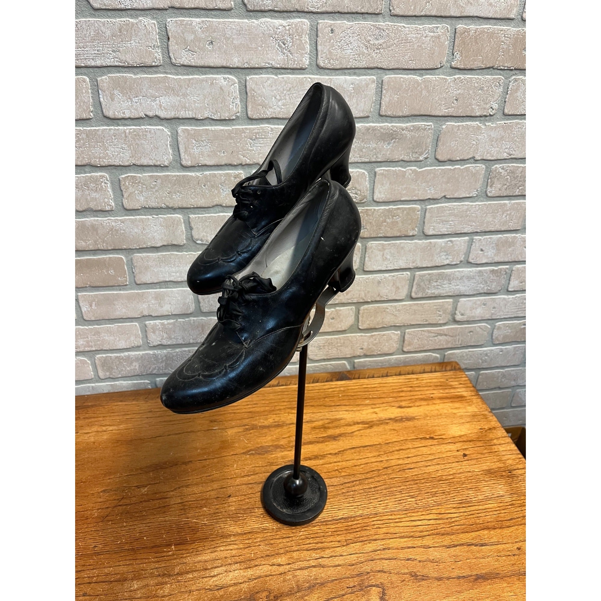Vintage Shoe Store Display Stand Cast Iron Base w/ Vintage Black Heels