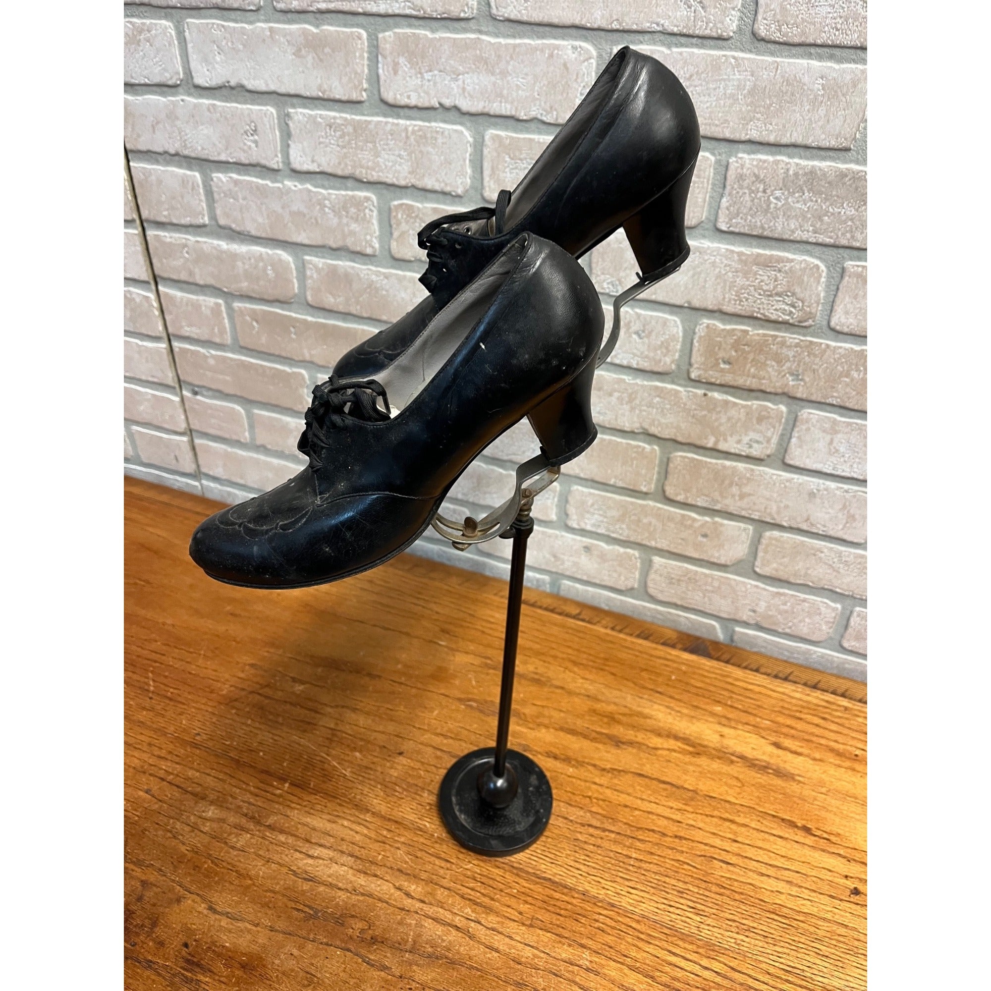 Vintage Shoe Store Display Stand Cast Iron Base w/ Vintage Black Heels
