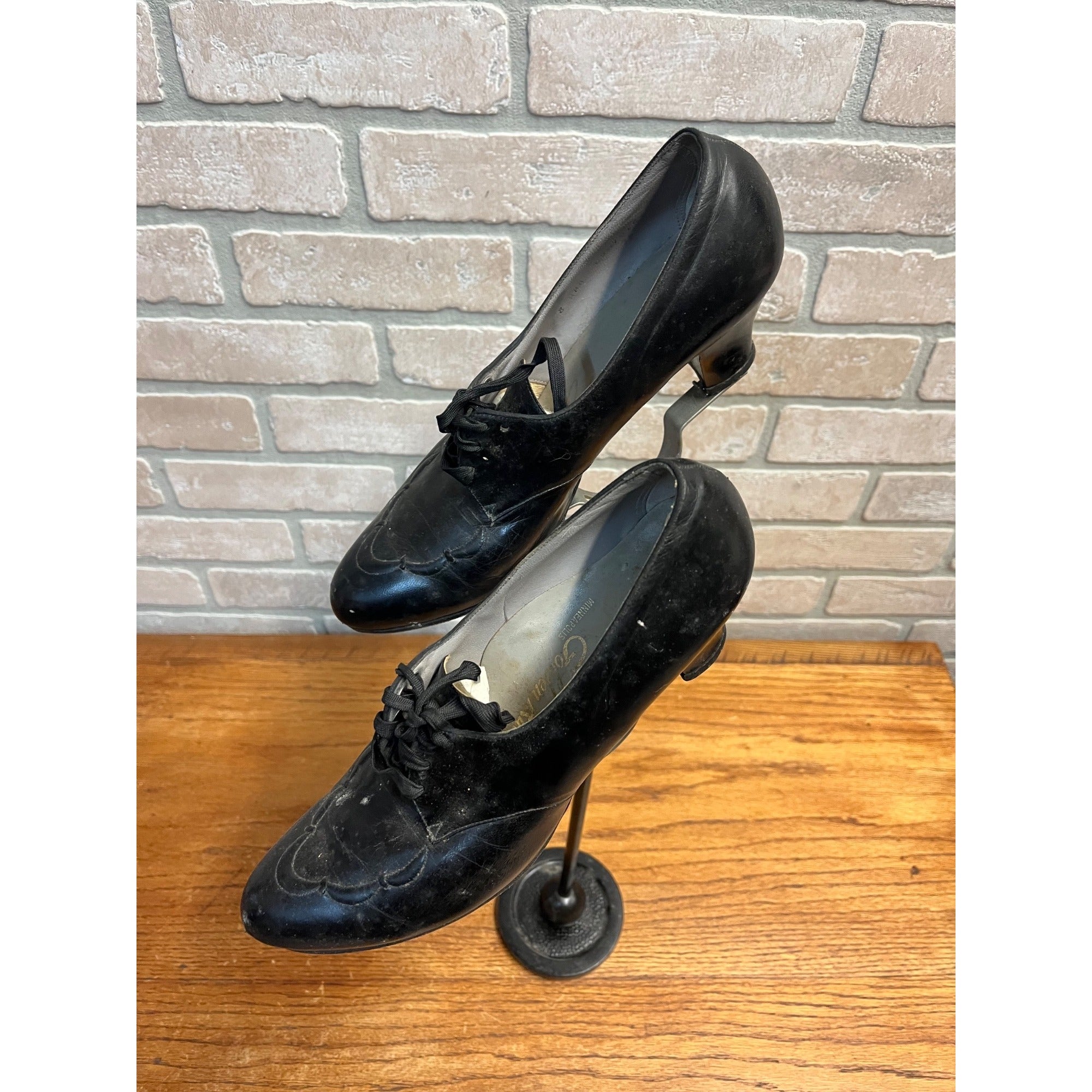Vintage Shoe Store Display Stand Cast Iron Base w/ Vintage Black Heels