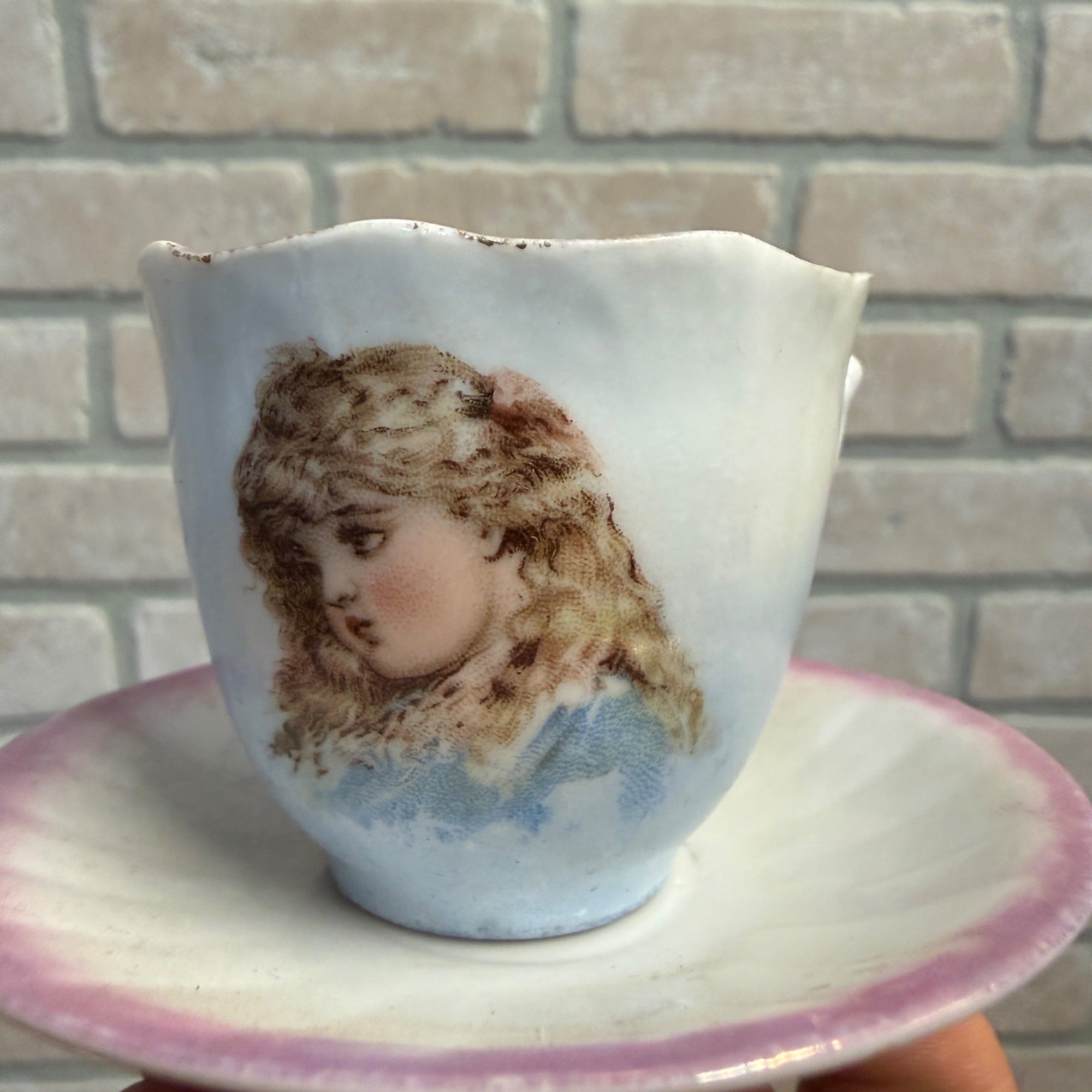 Mini Victorian Painted Child's Tea Cup and Saucer Set 2-1/4" tall